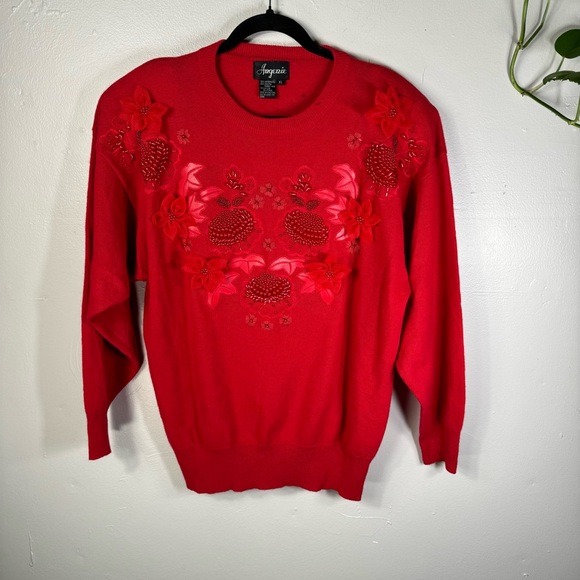 vintage cranberry red embroidered beaded holiday sweater angora wool HONG KONG - Picture 14 of 14